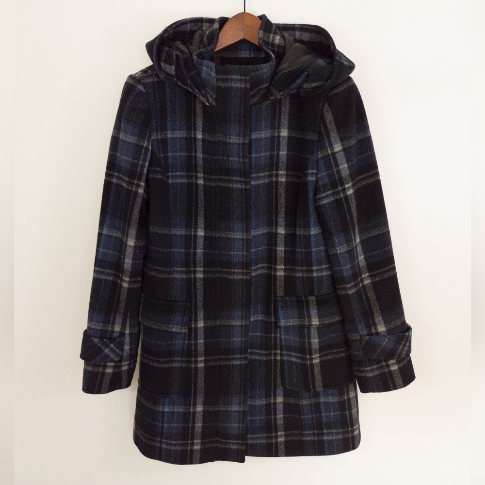 Lyse Spendard Wool Blend Hooded Plaid Coat Size Small